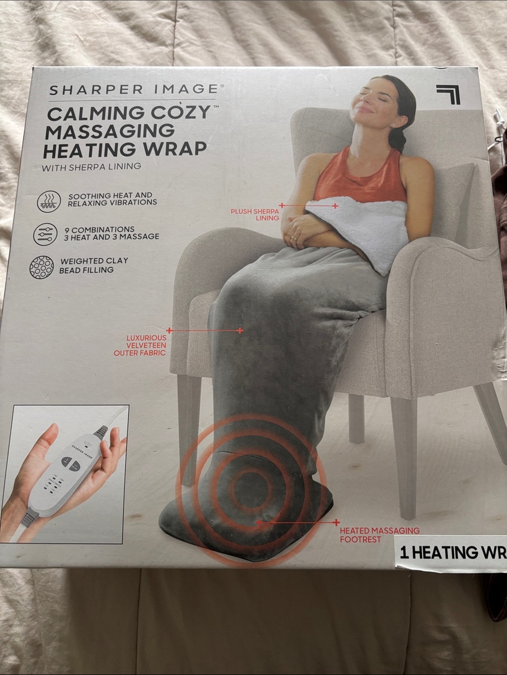 Sharper Image Gray Calming Cozy Massaging Heating Wrap with Sherpa